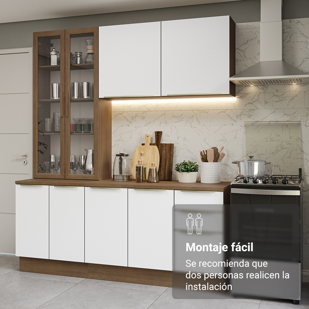 Cocina Compacta 190 cm con Cristalero 8 Puertas 3 Cajones Marrón/Blanco Lux Madesa