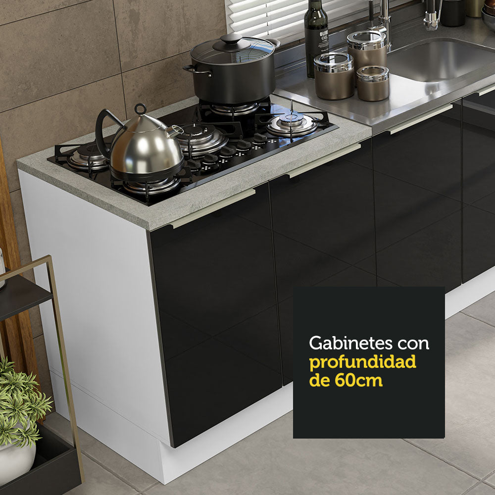 Combo con 2 Bajos Mesadas de Cocina 4 Puetas 3 Cajones 200 x 60 cm (Sin Mesada y Bacha) Blanco/Negro Lux Madesa