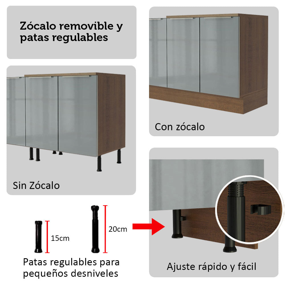 Combo completo de Cocina 340 cm con Cristalero 14 Puertas 3 Cajones Sin Mesada Marrón/Gris Lux Madesa