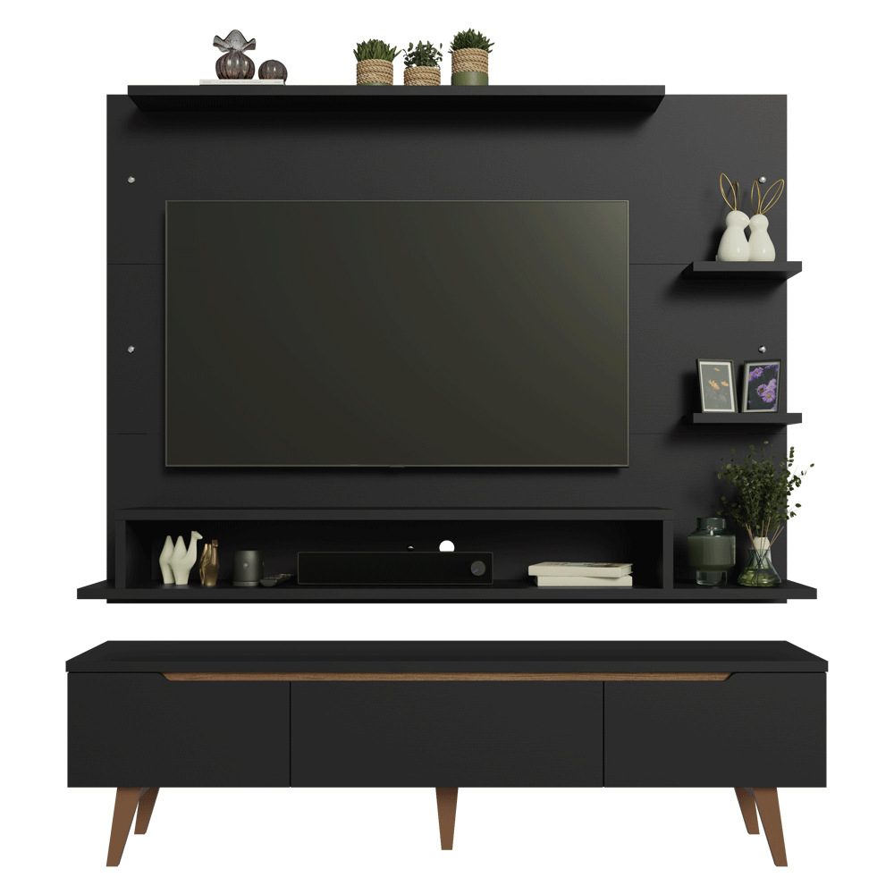 Rack con Panel para TV hasta 60 Pulgadas 180 cm con Patas Negro/Marrón Reims Madesa
