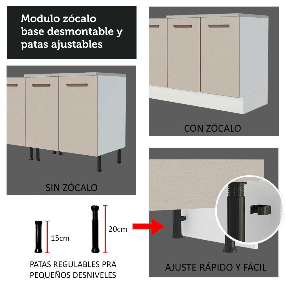 Kit con 2 Gabinetes Bajos y 2 Gabinetes superiores 200cm Blanco/Crema Agata