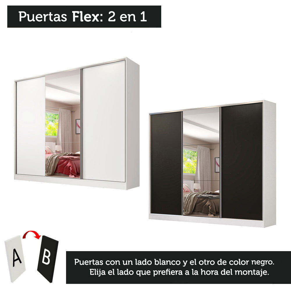 Placard Matrimonial 100% MDF Royale 3 Puertas Corredizas con Espejo Blanco/Negro