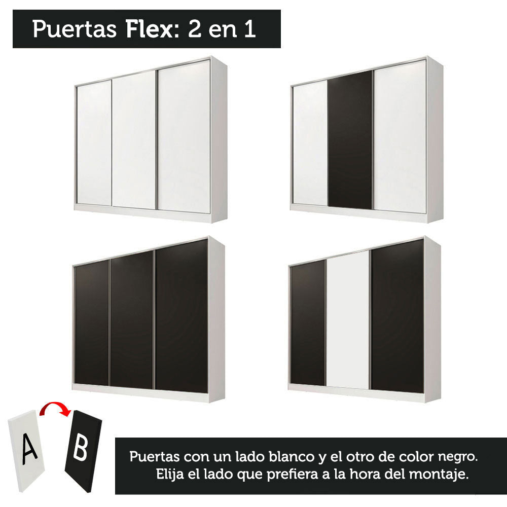Placard Matrimonial 100% MDF Royale 3 Puertas Corredizas Blanco/Blanco/Negro