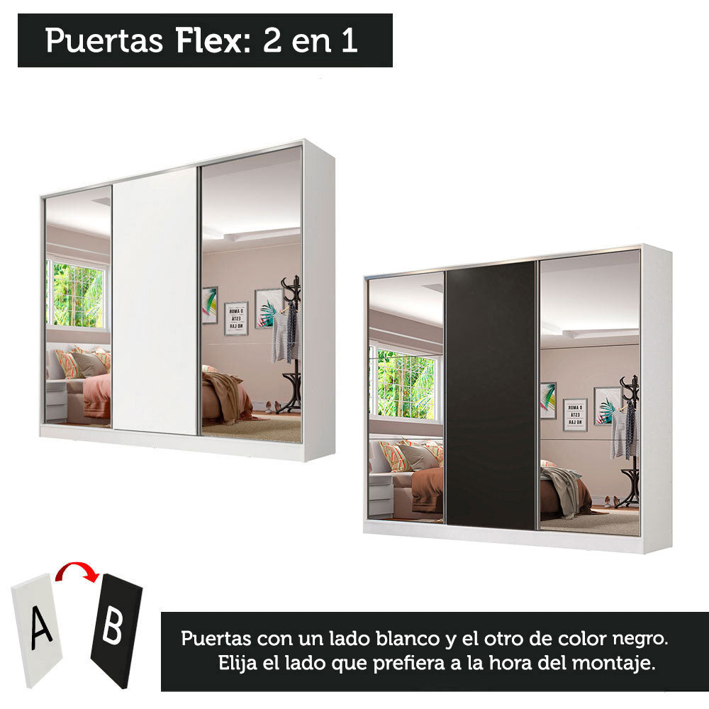 Placard Matrimonial 100% MDF Royale 3 Puertas Corredizas con Espejos Blanco/Negro