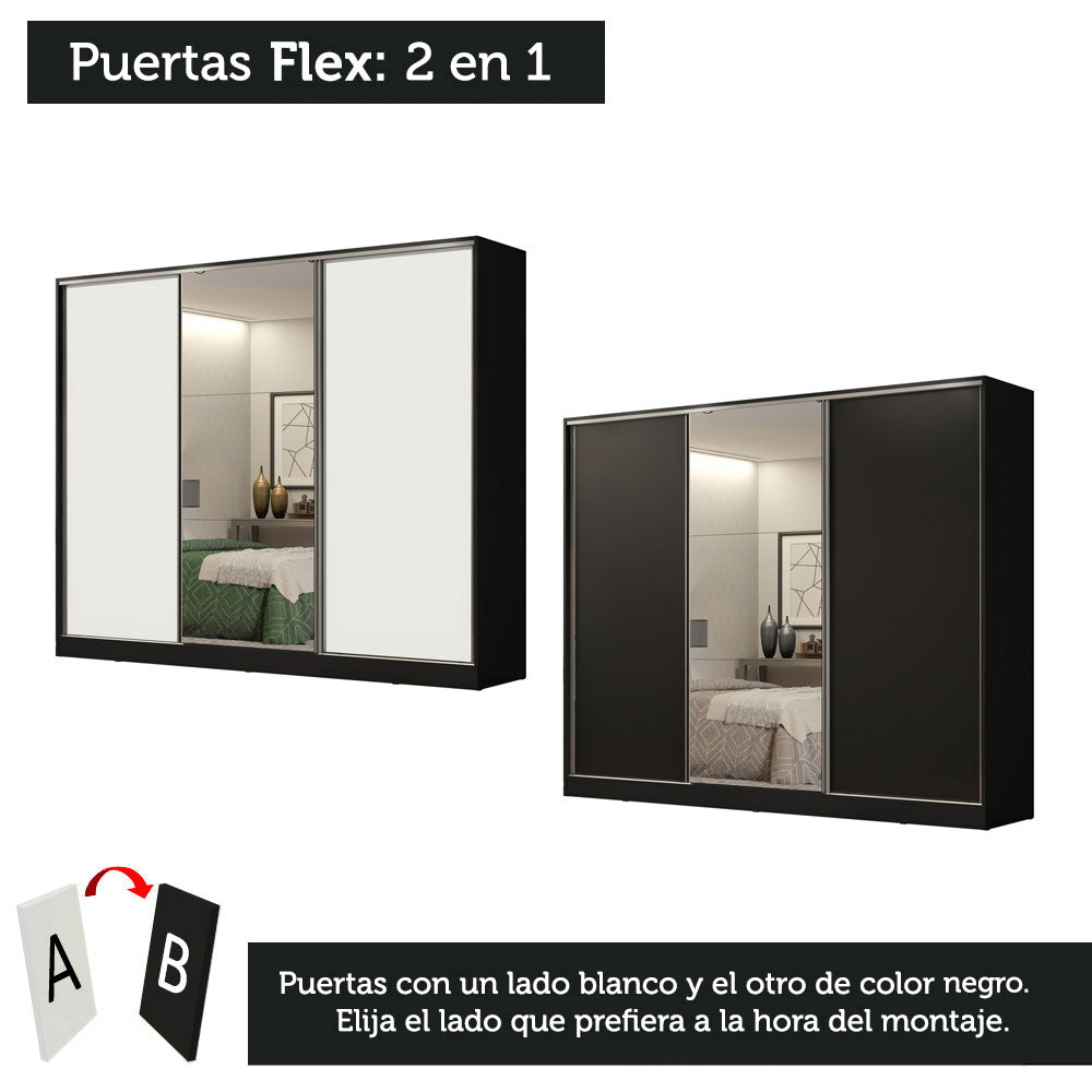 Placard Matrimonial 100% MDF Royale 3 Puertas Corredizas con Espejo Negro