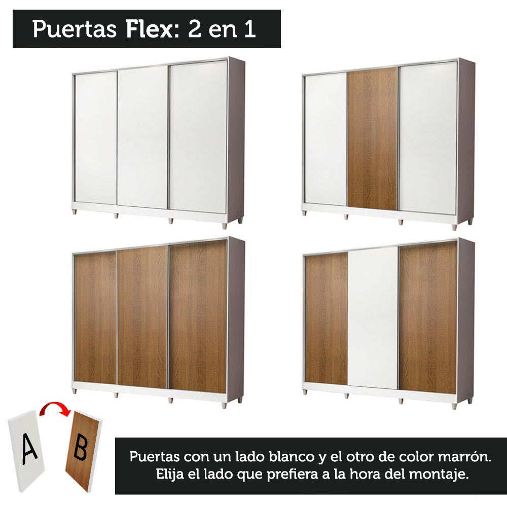 Placard Matrimonial 100% MDF Royale 3 Puertas Corredizas con Patas Blanco/Blanco/Marrón