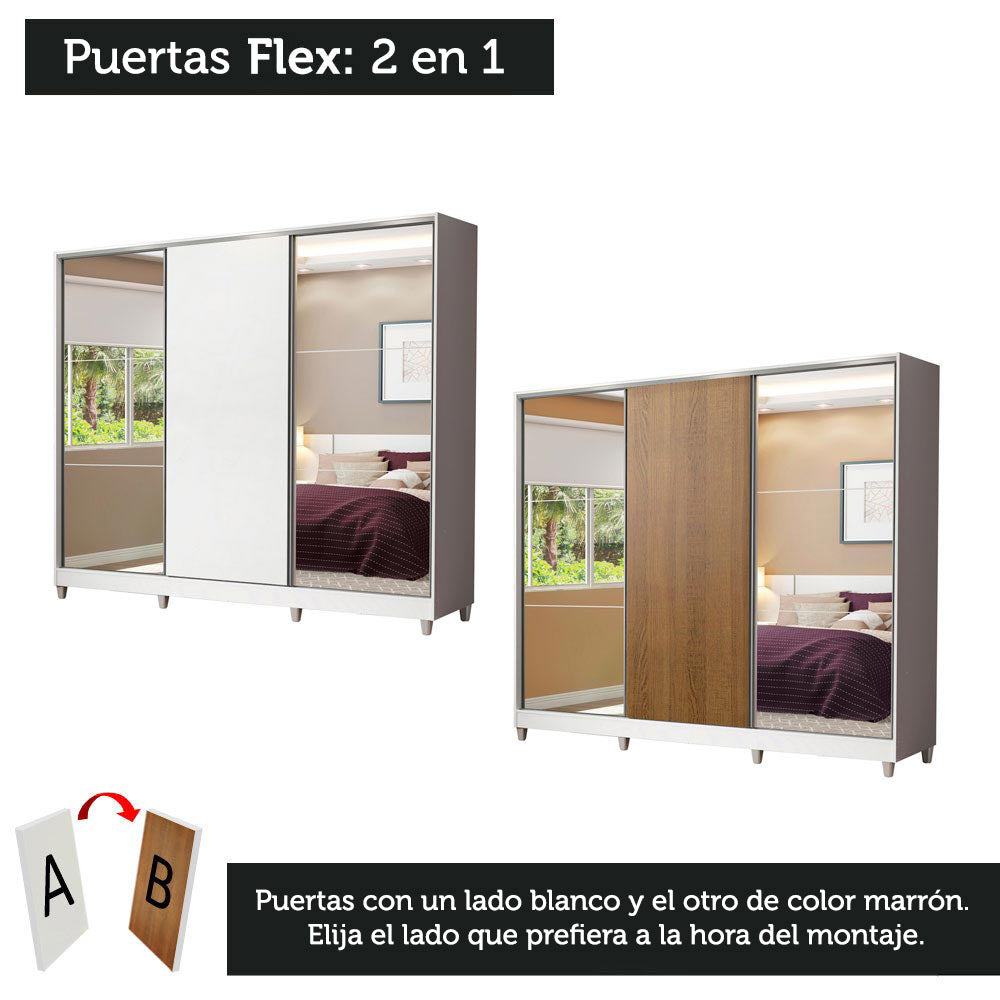 Placard Matrimonial 100% MDF Royale 3 Puertas Corredizas con Espejos con Patas Blanco/Marrón