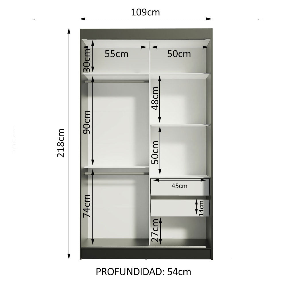 Placard Ropero Solteiro Madesa Tokio 2 Puertas Corredizas con Espejo 2 Cajones Negro/Blanco