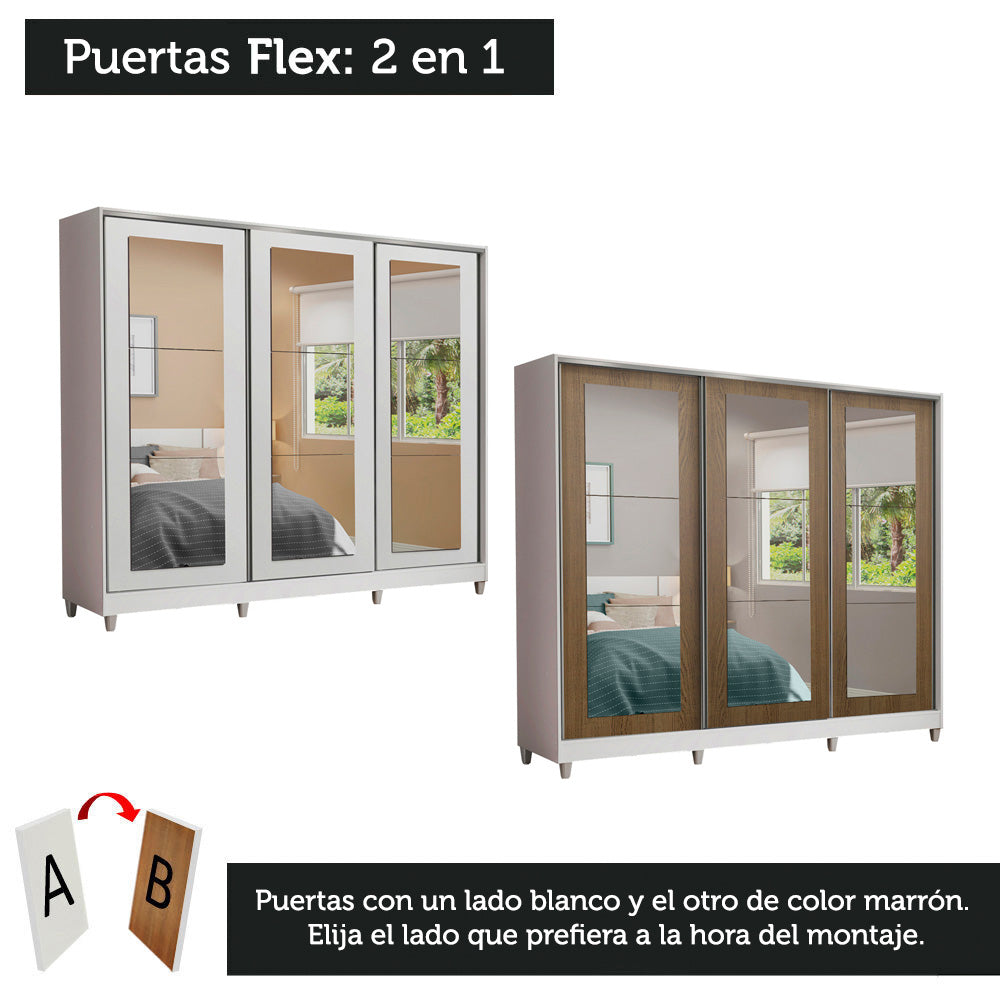 Placard Matrimonial 100% MDF 3 Puertas Corredizas con Espejos Blanco con Patas Eros