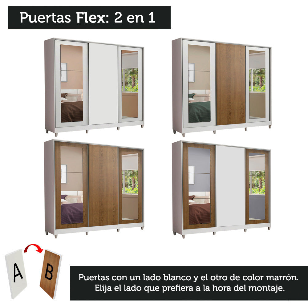 Placard Matrimonial 100% MDF 3 Puertas Corredizas con Espejos Blanco/Marrón con Patas Eros