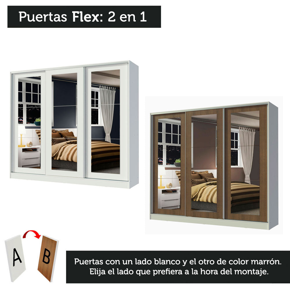 Placard Matrimonial 100% MDF 3 Puertas Corredizas con Espejos Blanco/Marrón Eros
