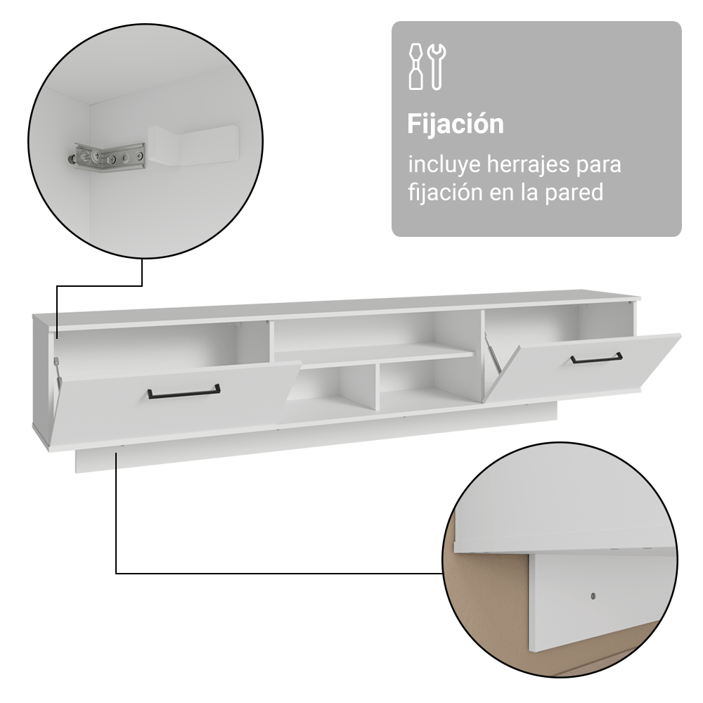 Rack Flotante para TV hasta 80 Pulgadas 218 cm 2 Puertas Blanco Agata Madesa