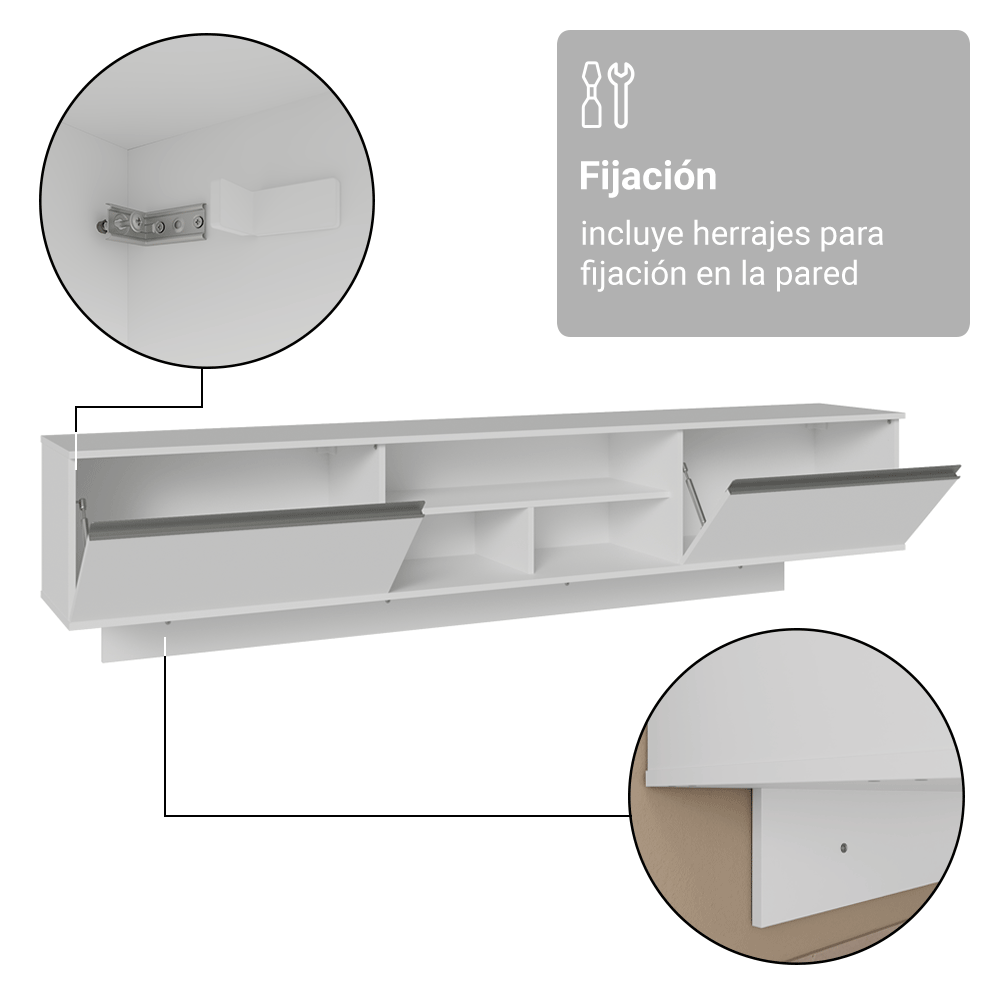 Rack Flotante para TV hasta 80 Pulgadas 218 cm 2 Puertas Blanco Glamy Madesa