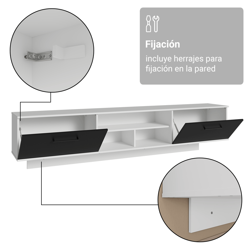 Rack Flotante para TV hasta 80 Pulgadas 218 cm 2 Puertas Blanco/Negro Agata Madesa