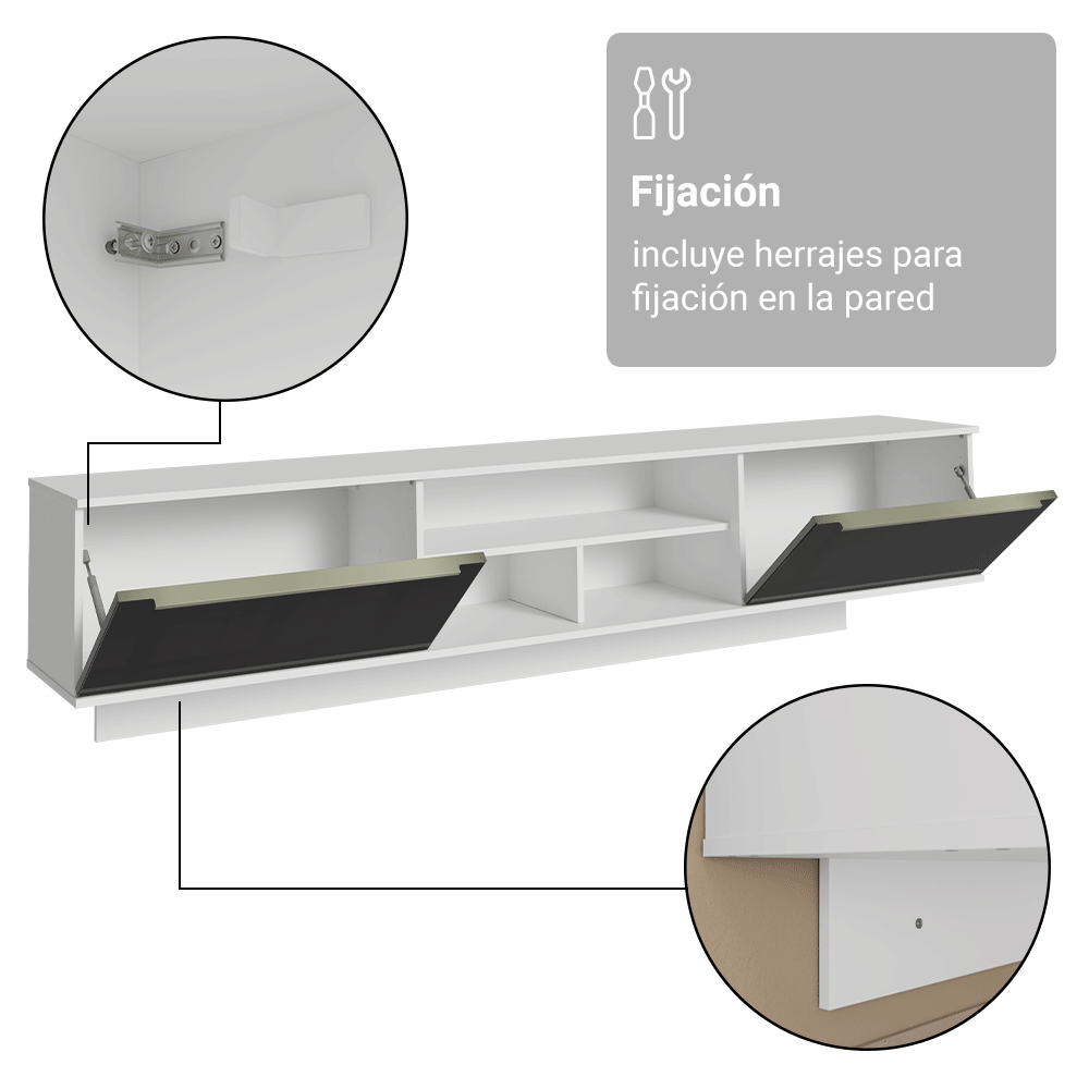 Rack Flotante para TV hasta 80 Pulgadas 218 cm 2 Puertas Blanco/Negro Lux Madesa