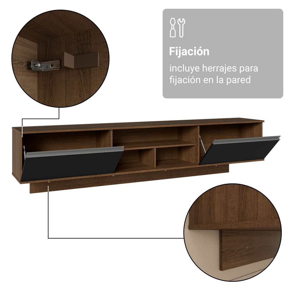 Rack Flotante para TV hasta 80 Pulgadas 218 cm 2 Puertas Marrón/Negro Glamy Madesa