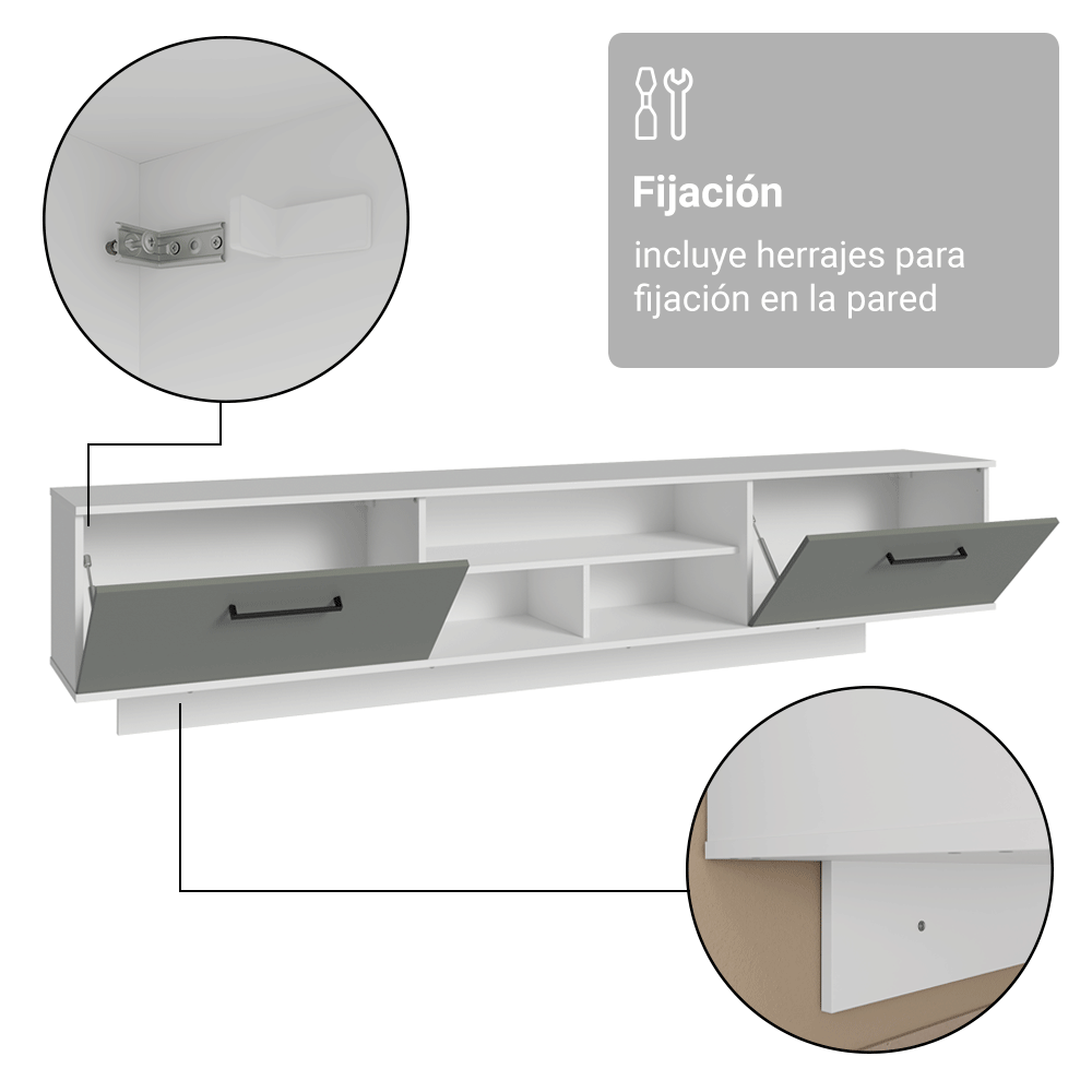 Rack Flotante para TV hasta 80 Pulgadas 218 cm 2 Puertas Blanco/Gris Agata Madesa