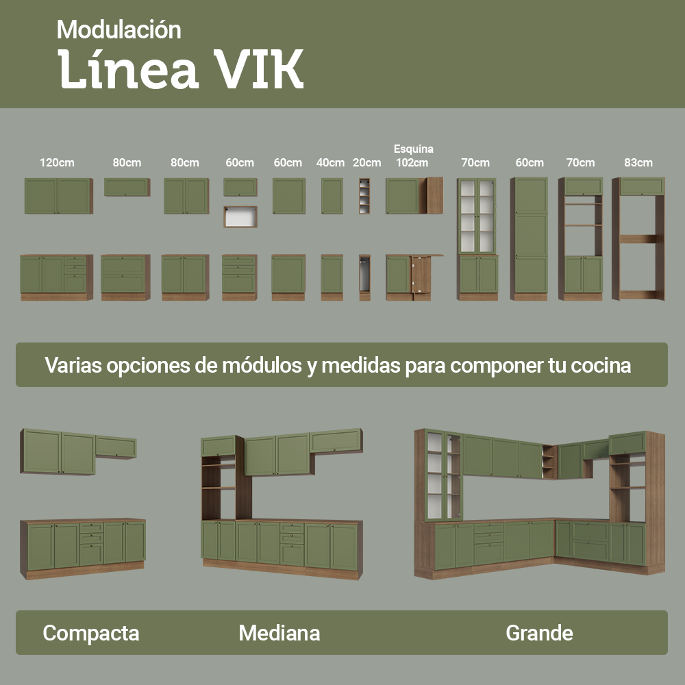 Bajo Mesada esquinero para Linha de 60 cm Profundidade (con Mesada) Marrón/Verde Vik Madesa