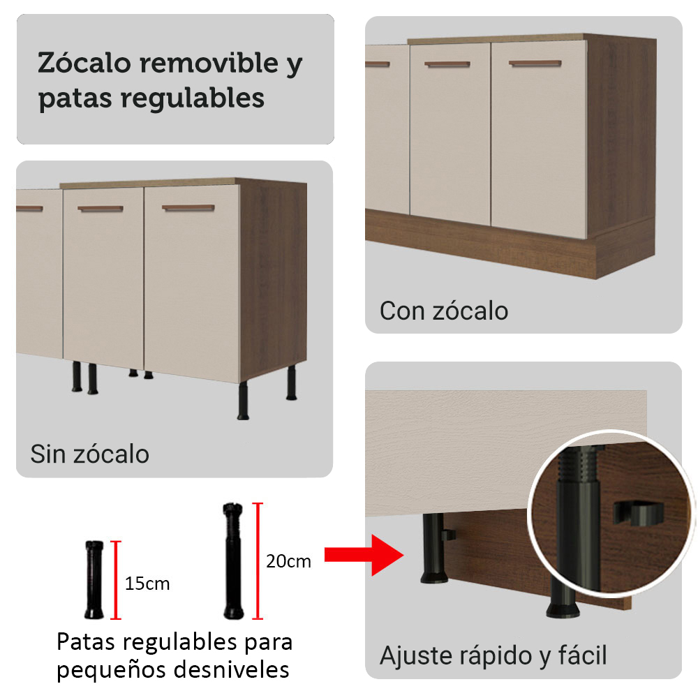 Combo completo de Cocina Esquinera 549 cm con Cristalero 17 Puertas 3 Cajones Sin Mesada Marrón/Crema Agata Madesa