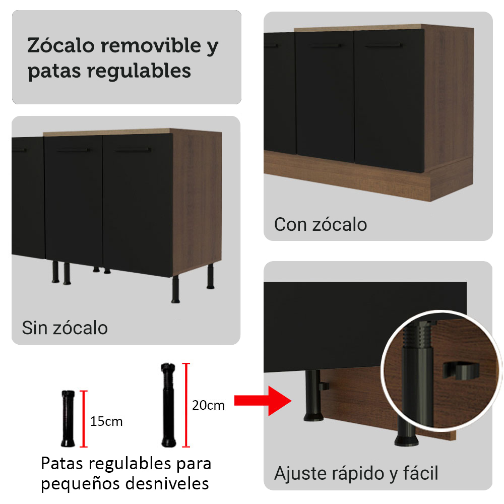 Combo completo de Cocina Esquinera 549 cm con Cristalero 17 Puertas 3 Cajones Sin Mesada Marrón/Negro Agata Madesa