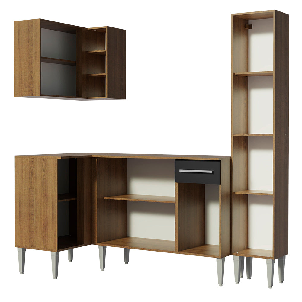 Combo completo de Cocina Esquinera 261 cm 6 Puertas 1 Cajón Marrón/Negro Emilly Madesa