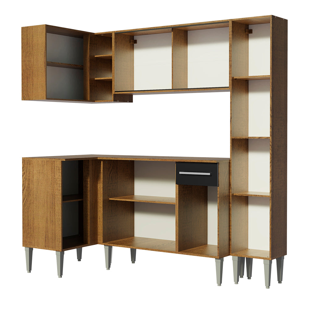 Combo completo de Cocina Esquinera 261 cm 9 Puertas 1 Cajón Marrón/Negro Emilly Madesa 02