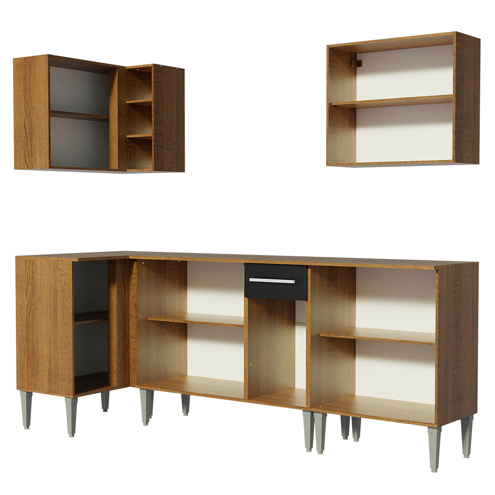 Combo completo de Cocina Esquinera 293 cm 9 Puertas 1 Cajón Marrón/Negro Emilly Madesa