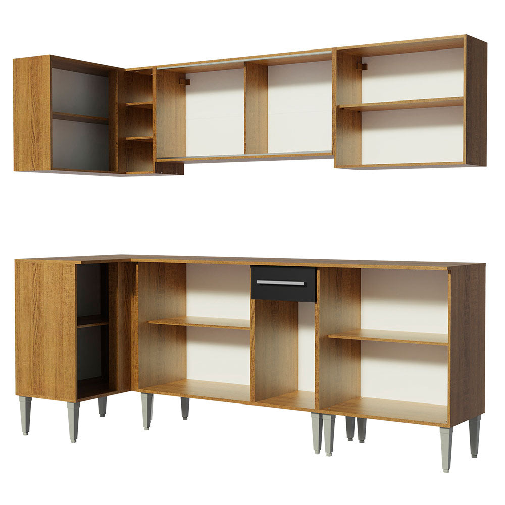 Combo completo de Cocina Esquinera 293 cm 11 Puertas 1 Cajón Marrón/Negro Emilly Madesa 04