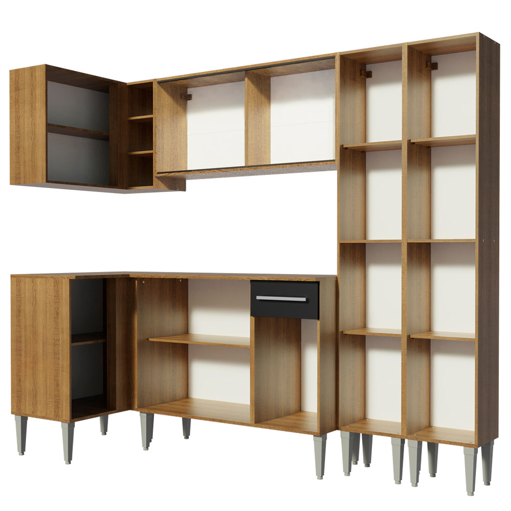 Combo completo de Cocina Esquinera 293 cm 11 Puertas 1 Cajón Marrón/Negro Emilly Madesa 06