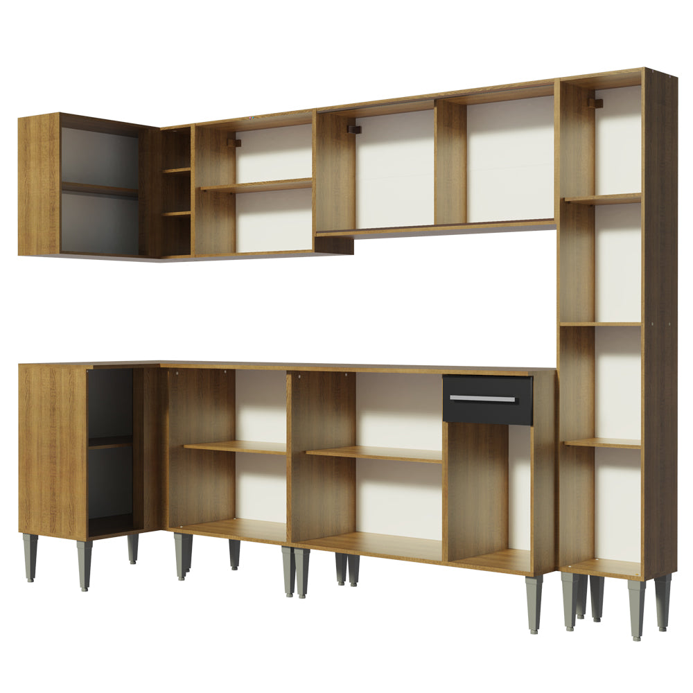 Combo completo de Cocina Esquinera 325 cm 13 Puertas 1 Cajón Marrón/Negro Emilly Madesa 03