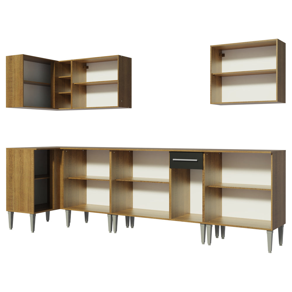 Combo completo de Cocina Esquinera 357 cm 13 Puertas 1 Cajón Marrón/Negro Emilly Madesa
