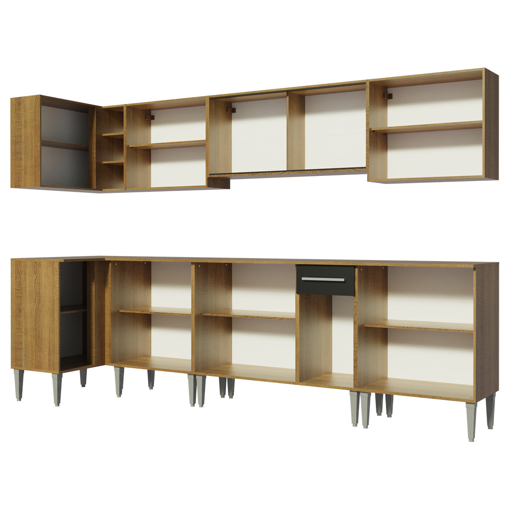 Combo completo de Cocina Esquinera 357 cm 15 Puertas 1 Cajón Marrón/Negro Emilly Madesa 02