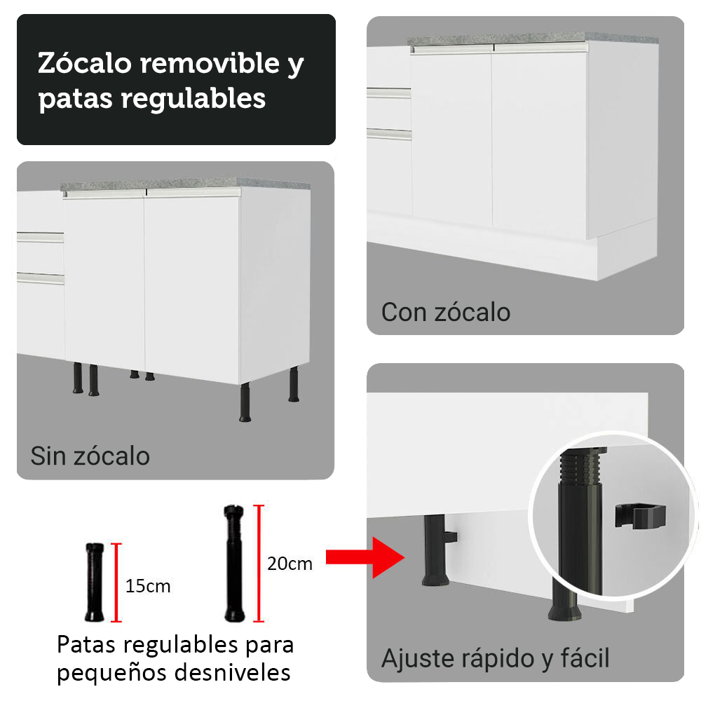 Combo completo de Cocina Esquinera 549 cm con Cristalero 17 Puertas 3 Cajones Sin Mesada Blanco Glamy Madesa