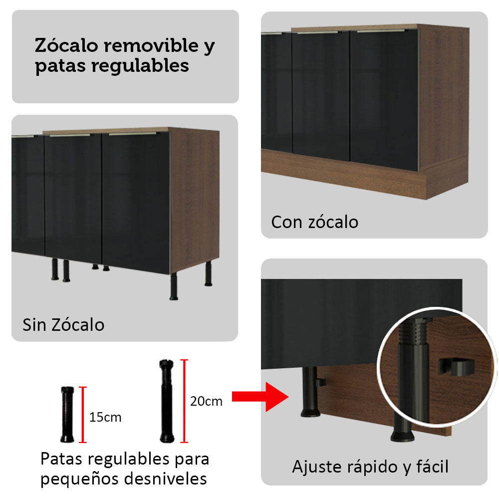 Combo completo de Cocina Esquinera 566 cm con Cristalero 17 Puertas 3 Cajones Sin Mesada Marrón/Negro Lux Madesa