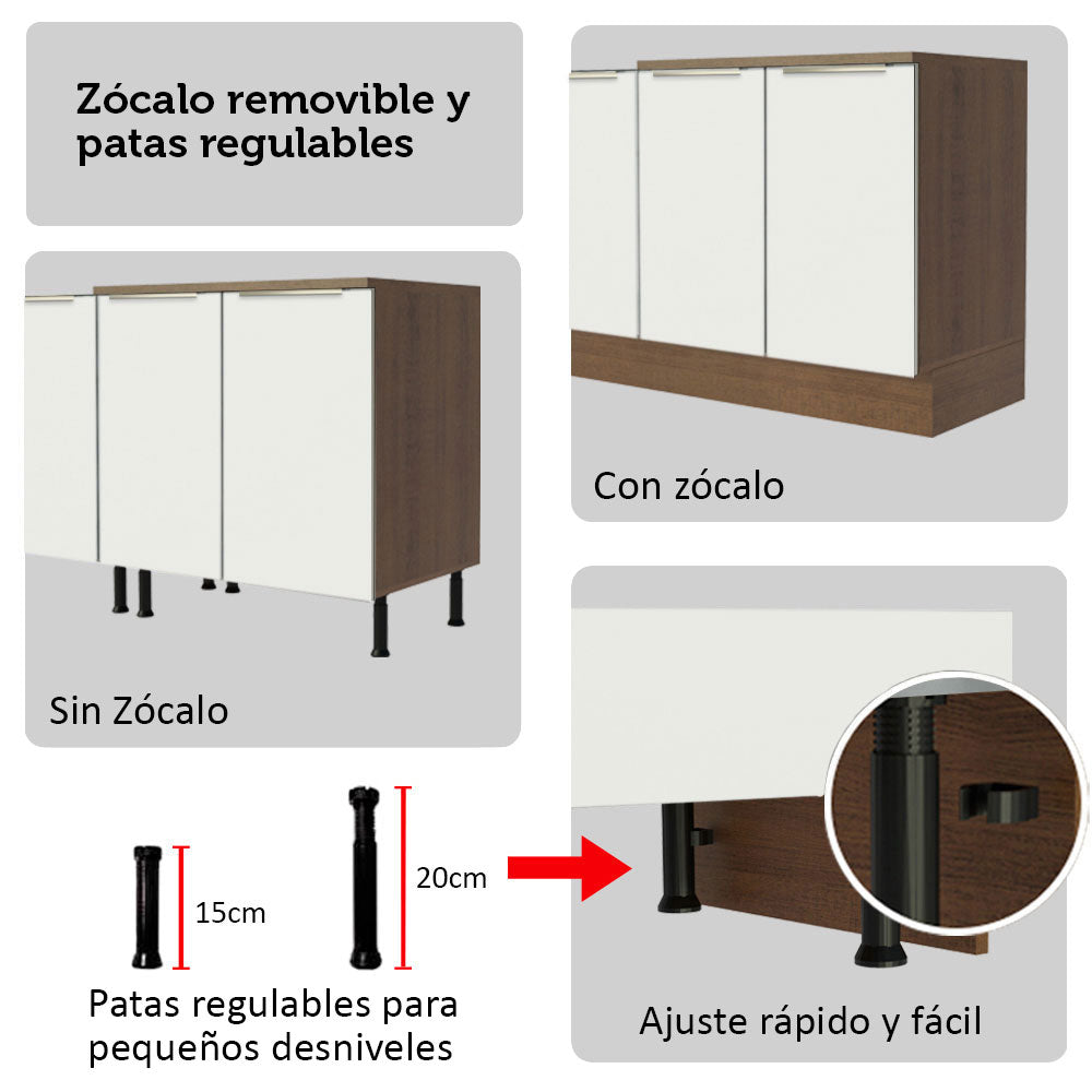 Combo completo de Cocina Esquinera 566 cm con Cristalero 17 Puertas 3 Cajones Sin Mesada Marrón/Blanco Lux Madesa