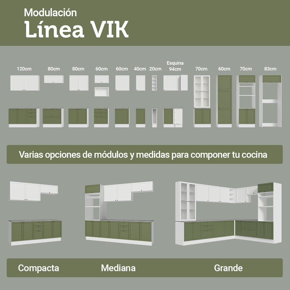 Combo completo de Cocina Esquinera 399 cm 10 Puertas 3 Cajones Sin Mesada Blanco/Verde Vik Madesa
