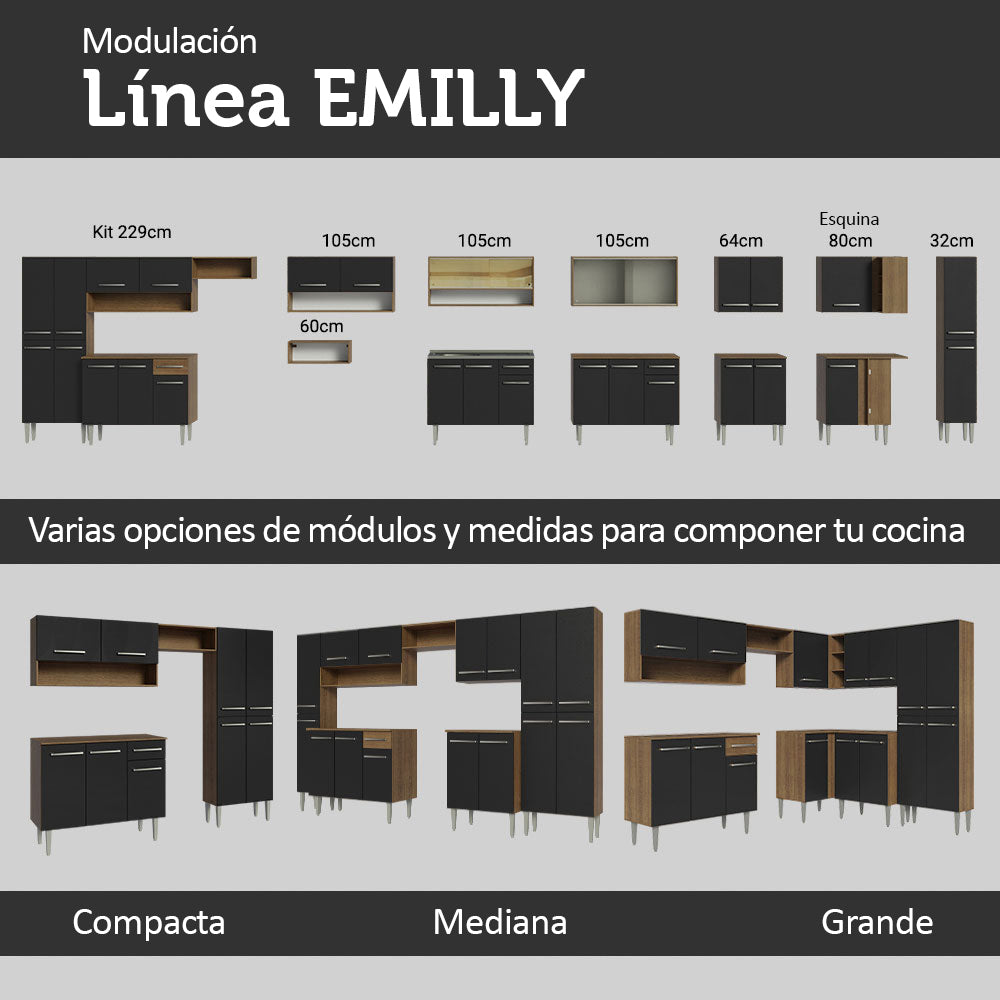 Combo completo de Cocina 137 cm con Bacha de acero, Marrón/Negro, Emilly 08