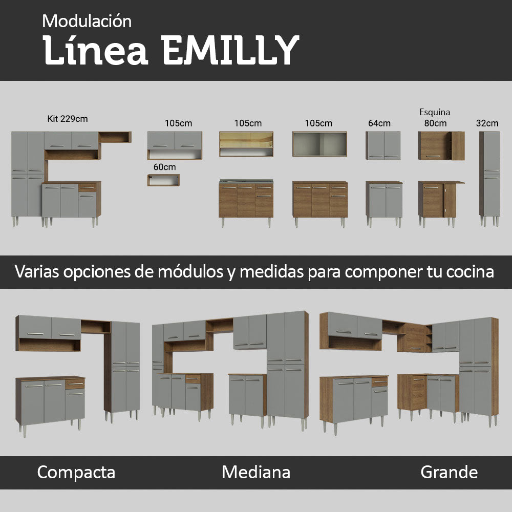 Combo completo de Cocina 293cm con Bacha de acero inoxidable Marrón/Gris Emilly Madesa 08