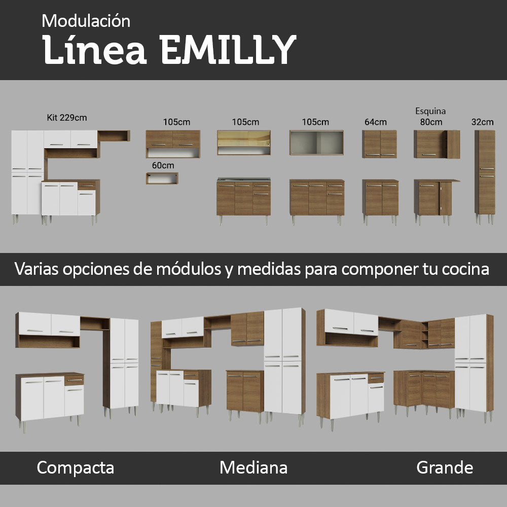 Combo completo de Cocina 293 cm con Bacha de acero, Marrón/Blanco, Emilly 09