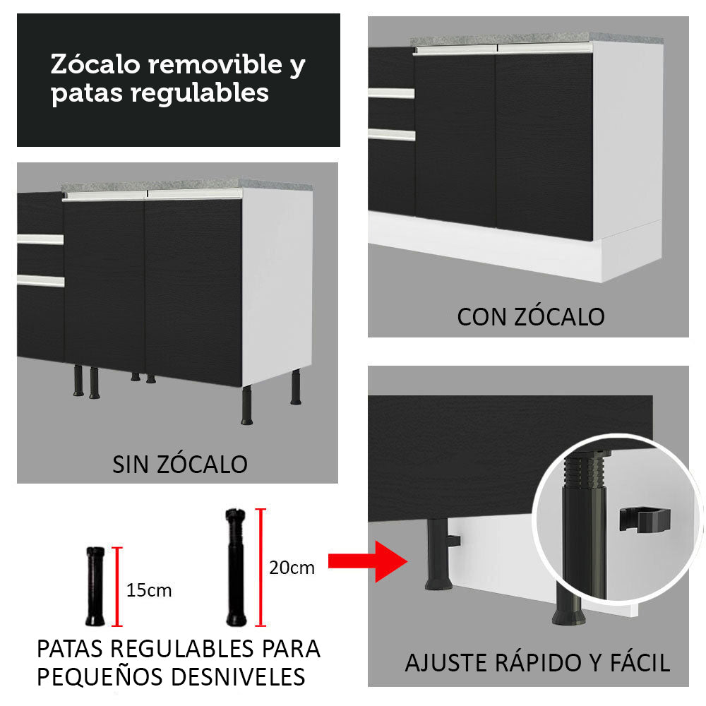 Kit con 2 Bajo Mesada de Cocina 200cm Madesa Glamy Blanco/Negro