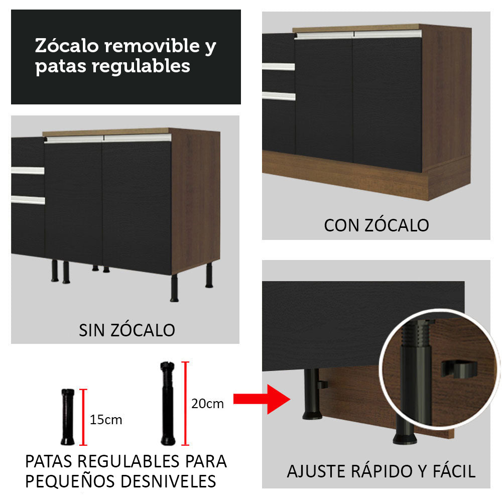 Kit con 2 Bajo Mesada de Cocina Madesa Glamy 200cm Con Bacha de acero inoxidable MN