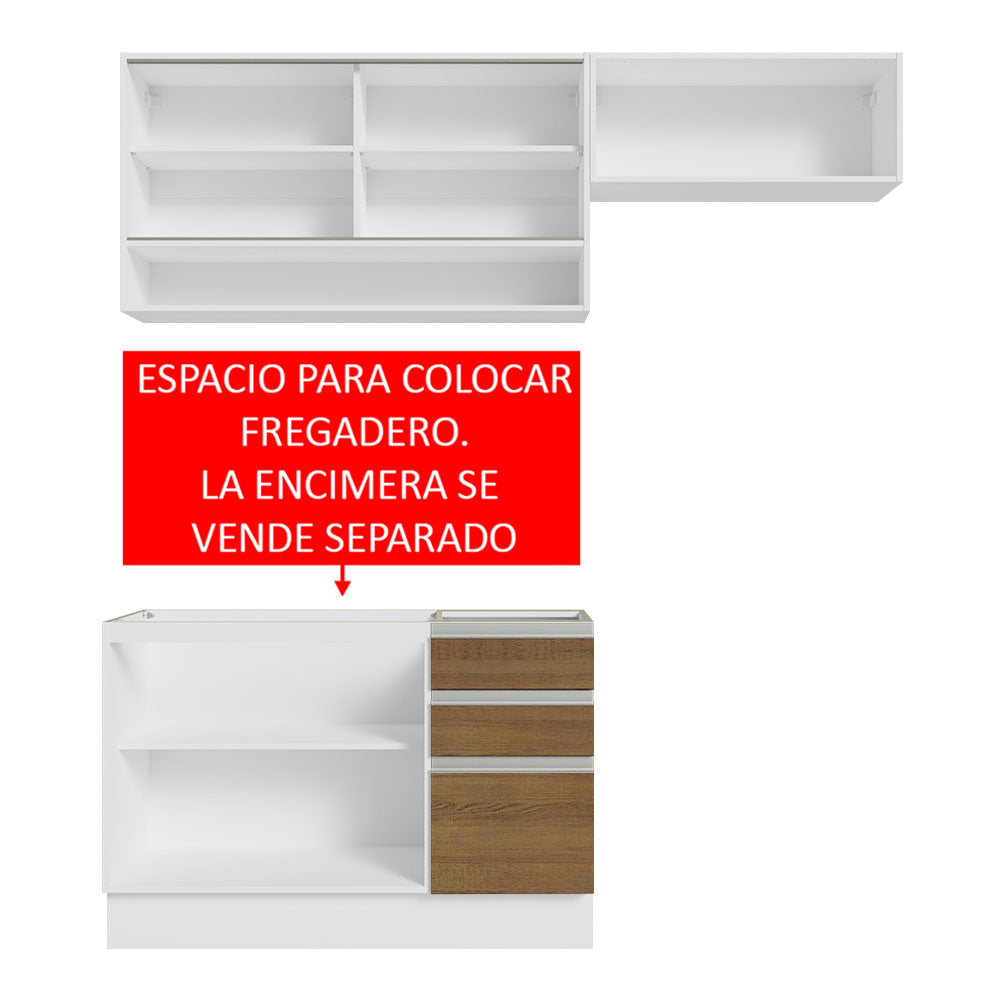 Cocina Compacta 200 cm 5 Puertas 3 Cajones Sin Mesada Blanco/Marrón Glamy Madesa