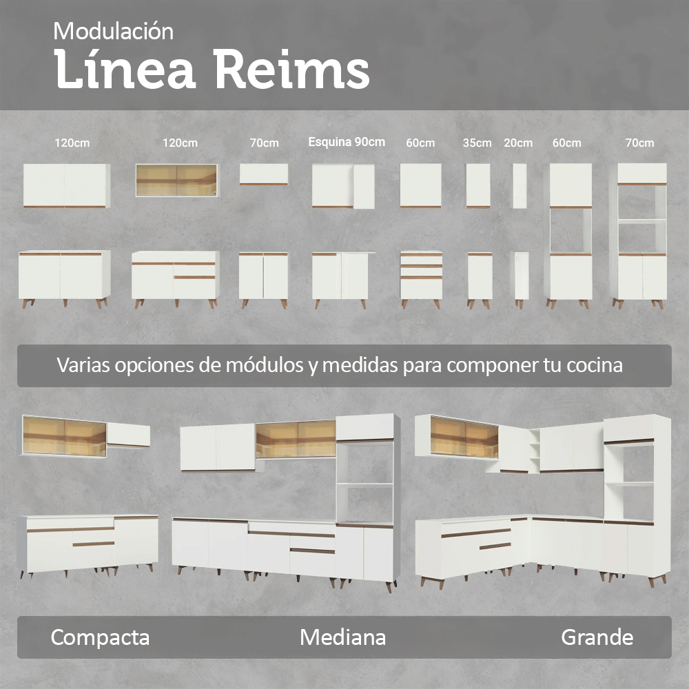 Kit com 3 Bajo Mesada Reims Madesa 2 Puertas 6 Cajones BB