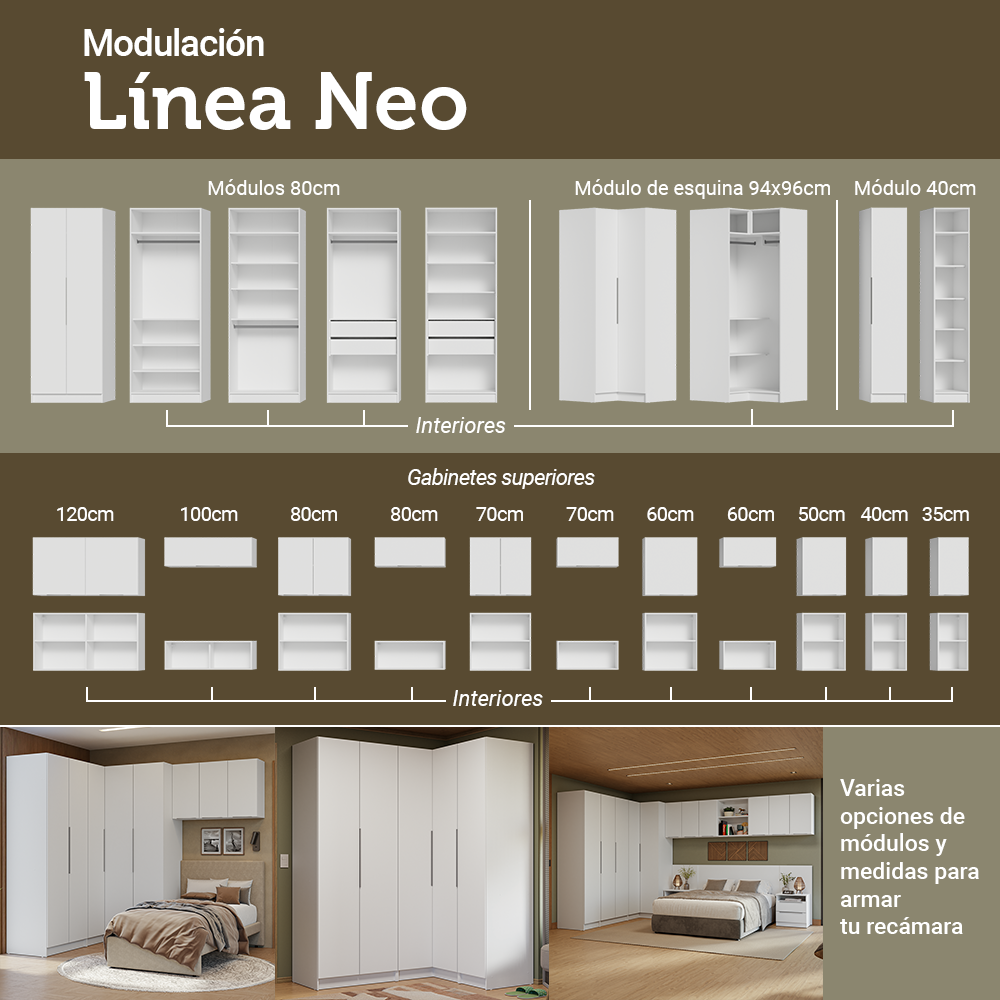 Dormitorio Completo Matrimonial Madesa Neo 580 cm con Ropero Esquinero con Espejos Blanco