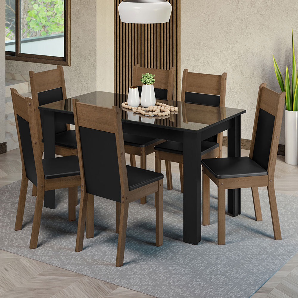 Conjunto Comedor Mesa Mesada de Vidro 6 Sillas Negro/Marrón Dora Madesa