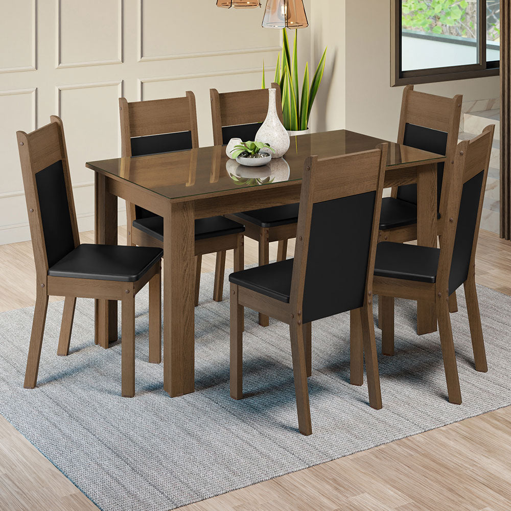 Conjunto Comedor Mesa Mesada de Vidro 6 Sillas Marrón/Negro Zoe Madesa