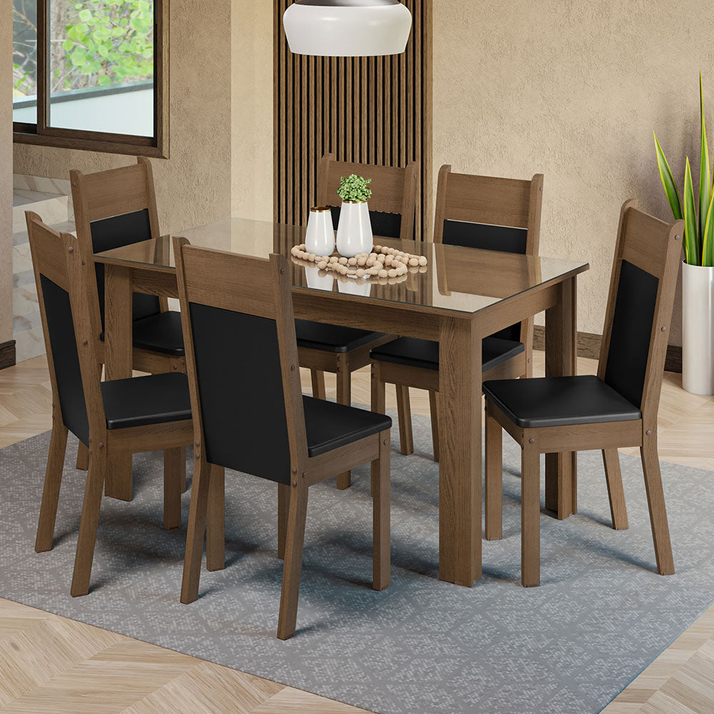 Conjunto Comedor Mesa Mesada de Vidro 6 Sillas Marrón/Negro Dora Madesa