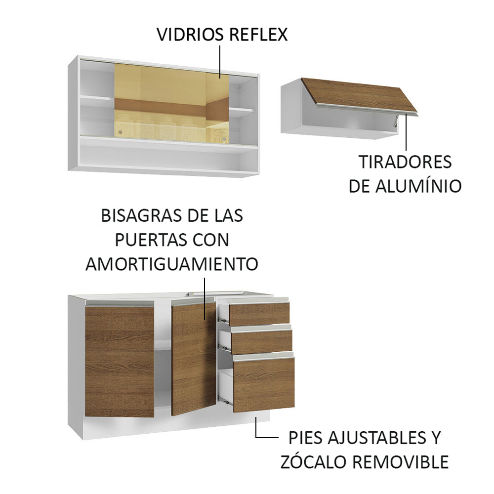 Cocina Compacta 200 cm 5 Puertas 3 Cajones Sin Mesada Blanco/Marrón Glamy Madesa