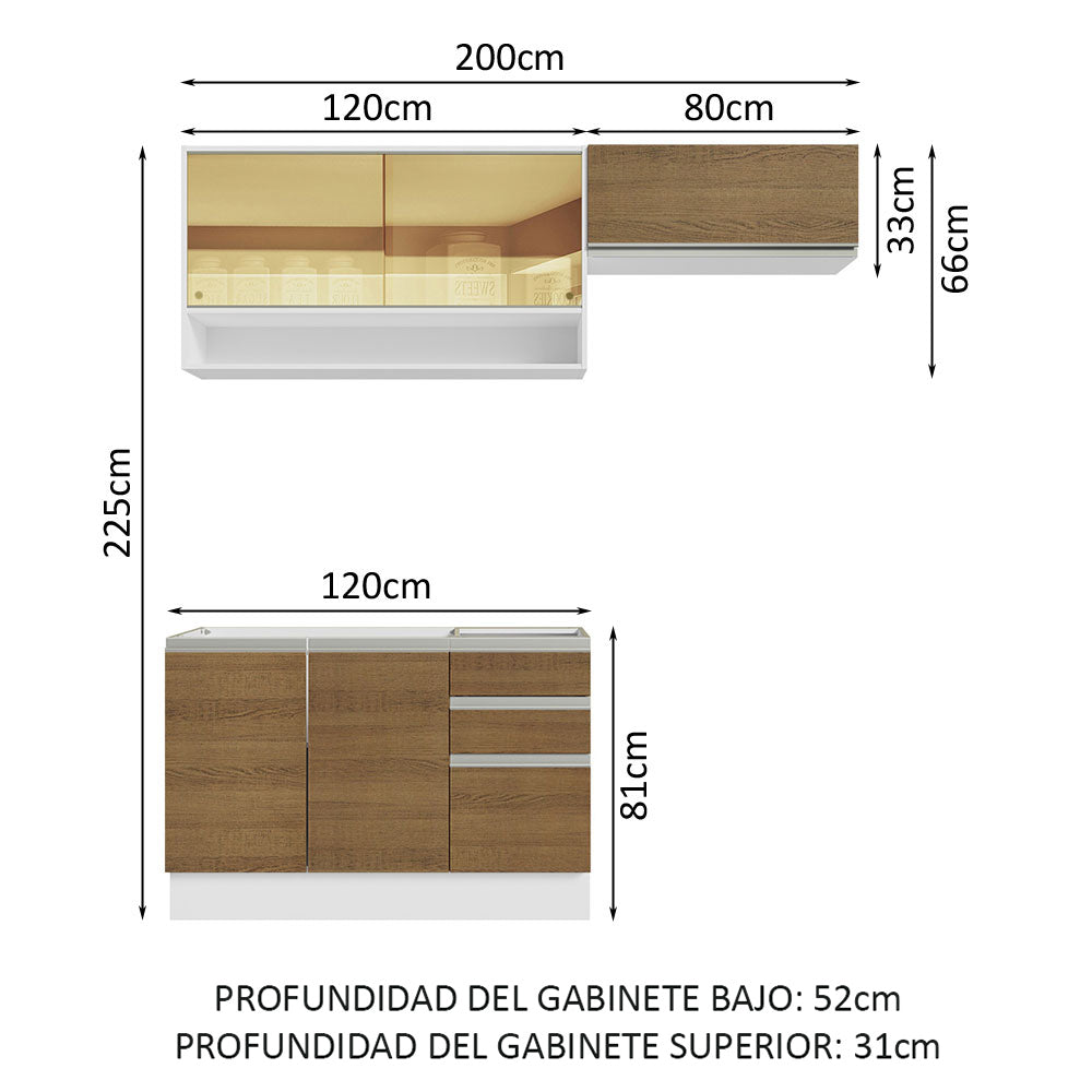 Cocina Compacta 200 cm 5 Puertas 3 Cajones Sin Mesada Blanco/Marrón Glamy Madesa