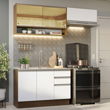 Cocina Compacta 200 cm 5 Puertas 3 Cajones Sin Mesada Marrón/Blanco Glamy Madesa